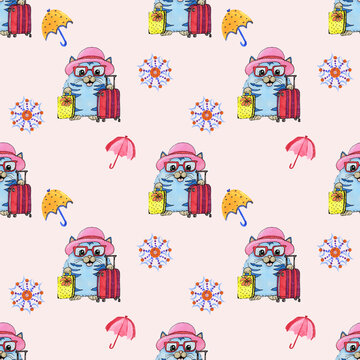 Pattern con graziosi castori con valigie e ombrellini su sfondo rosa