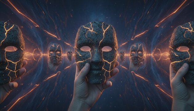 Surreal cracked stone masks glowing with light in cosmic tunnel, visualizing hidden identity, burnout and ongoing personal transformation