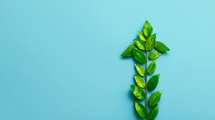 Arrow made of natural green leaves pointing upwards on a blue background, representing the concept of sustainable growth and environmental progress