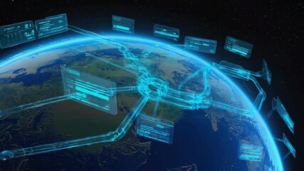 Futuristic holographic interface floating above Earth, showing global digital connections, networks, and data systems worldwide communication, technology development, and innovation in cyberspace. - Powered by Adobe