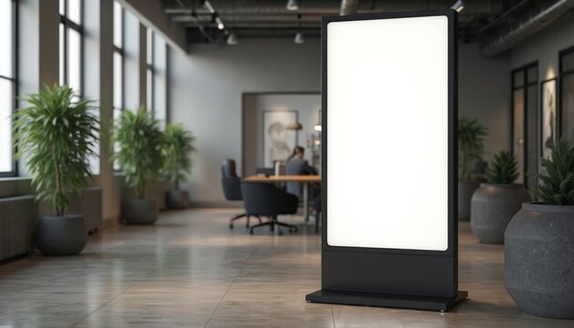 Blank vertical digital display stand in modern office interior. Ready for advertisement content, information, or menu display. Includes plants and meeting area background.