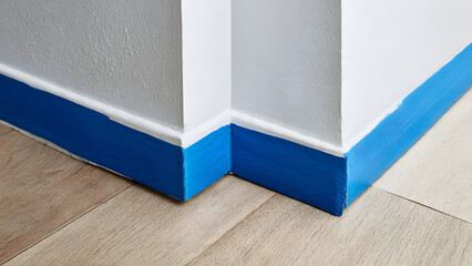 Clean baseboard masking process showing careful tape placement and professional surface protection
