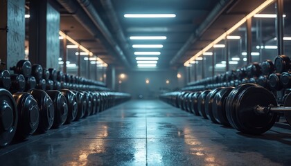 Rows of weightlifting dumbbells, barbells neatly arranged in modern, dimly lit gym. Shiny floors reflect bright overhead lights, equipment. Space ready for intense workouts, strength training