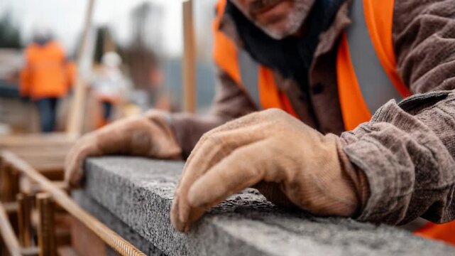Construction worker in safety vest and gloves carefully placing concrete block on site