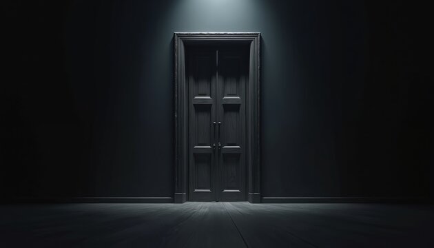 Dark room with tall wooden double doors. Dramatic spotlight shines from above. Empty interior space with simple dark walls and floor. Threshold awaits.
