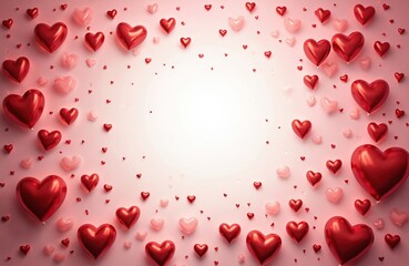 Red, pink hearts float on soft pink gradient background, creating festive, romantic atmosphere perfect for celebrations, invitations. Image conveys love, joy, affection. Suitable for Valentine Day,