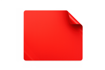 Red blank square sticker with a peeling curled corner, offering space for custom text or logo, transparent background