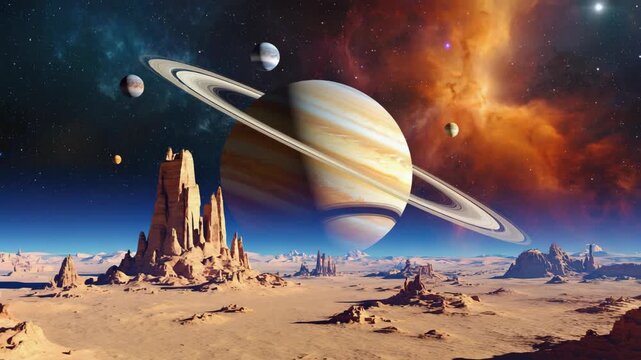 Expansive alien desert with towering cliffs beneath Saturn glowing rings, surrounded by colorful nebula clouds distant planets, spectacular science fiction view of interplanetary beauty, cosmic wonder