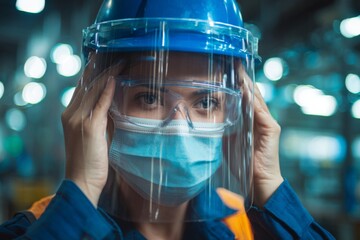 A focused worker wears a blue hard hat, adjusts a clear face shield, safety glasses, and a medical mask for workplace protection.
