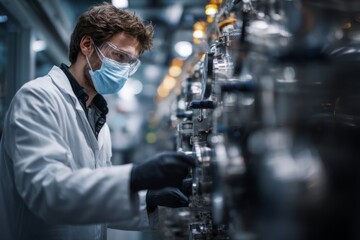 A person wearing a lab coat, face mask, and safety goggles operates complex industrial machinery in a modern factory setting.