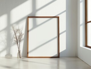 Minimal wall frame mockup in contemporary interior room, empty picture frame with neutral background and realistic natural lighting shadow
