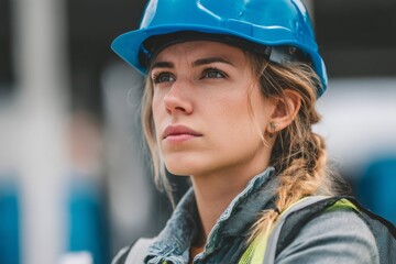 A female construction worker wears a blue hard hat and safety vest, looking upwards with a focused expression at an industrial job site.
