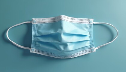 Disposable light blue face mask lies on teal background. Protective medical device covers nose and mouth. Essential personal hygiene item for virus prevention.