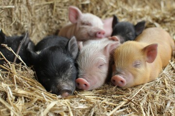 Several adorable young pigs of different colors are sleeping peacefully nestled together in a cozy warm bed of dry hay.