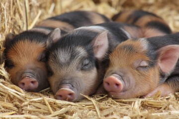 Three cute young baby pigs with brown and black markings are sleeping peacefully together on a soft bed of golden straw.