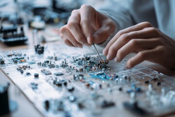 A person's hands meticulously assemble small electronic components onto a complex circuit board, demonstrating precision engineering work in a technological setting.