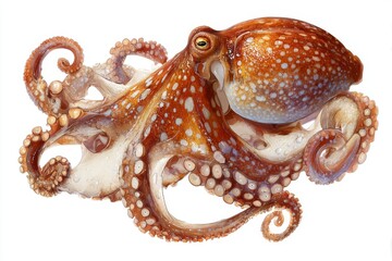 A detailed brown and white spotted octopus rests with its tentacles curled, displaying its suckers against a clean white background.