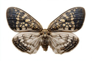 A beautiful moth specimen with open wings, showcasing its distinctive dark and light patterns against a pristine white background.