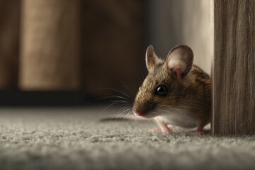 A small brown mouse with large ears peeks cautiously from behind a wooden object on a gray carpet surface.