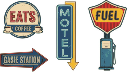 Classic American Signboards &ndash; Retro Vintage Style Vector Set with Old-School Typography, Roadside Signs, Cafe, Motel, and Gas Station Designs
