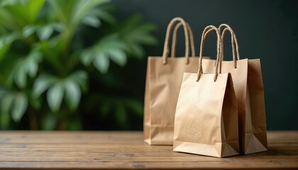 Two brown paper shopping bags with rope handles sit on a wood table. Lush green leaves form a soft background, suggesting a natural setting for retail or eco-friendly packaging.