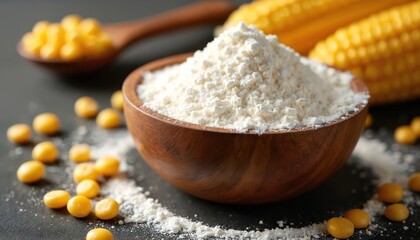 Wooden bowl holds white cornstarch powder with scattered yellow corn kernels and maize cobs nearby. A wooden spoon contains more corn kernels, set against a dark surface.