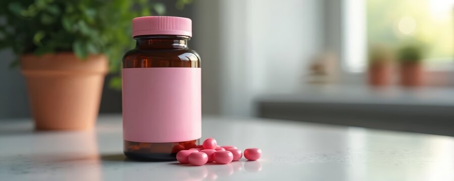 Brown amber bottle with pink cap and loose pink pills sit on white table. Plant in terra cotta pot and blurred background window. Supplementation and medicine concept.