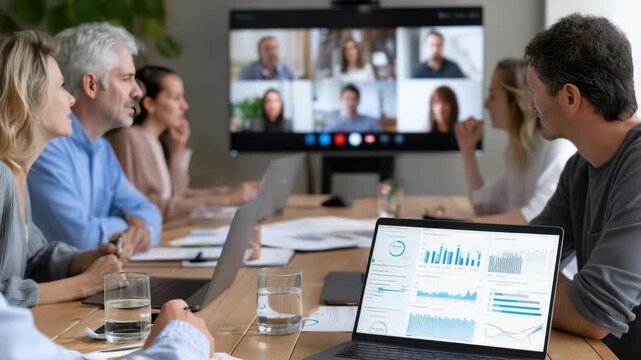 Diverse team collaborates on business strategy during a video conference meeting