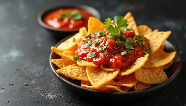 Crispy corn tortilla chips are topped with fresh tomato salsa and chopped parsley. A small bowl of more salsa sits behind the plate. The dish looks delicious served on a dark background.