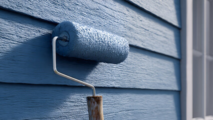 Professional exterior painting technique showing roller overlap for even siding coverage