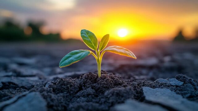 Young green plant sprouting from dry cracked soil under golden sunlight, hope, renewal, sustainability, growth, agriculture, environmental protection new life emerging from harsh natural conditions