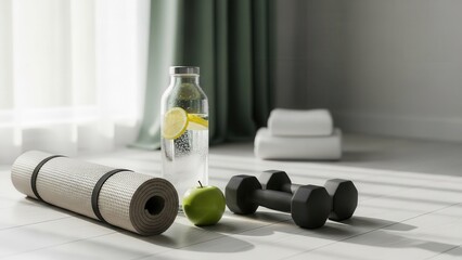 Photorealistic healthy lifestyle concept, fitness accessories on clean floor, modern minimal composition, natural light, copy space