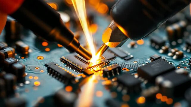 Close-up view of a soldering iron working on a microchip circuit board, electronics, precision engineering, innovation, and modern technology development in the world of hardware and computing devices