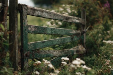 An old rustic wooden gate with faded green paint stands amidst lush green foliage and tiny white wildflowers in the peaceful countryside.