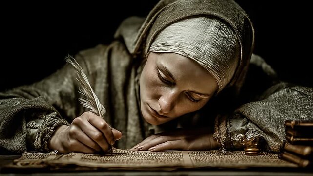 Medieval Scribe Writing with Quill and Ink on Parchment &ndash; Historical Documentation and Ancient Knowledge.