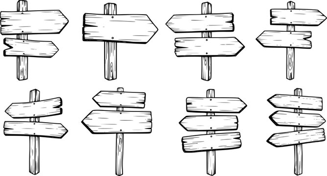 Hand drawn road sign. Doodle wooden signpost, sketch street direction pointer. Blank signboard with arrow vector isolates set
