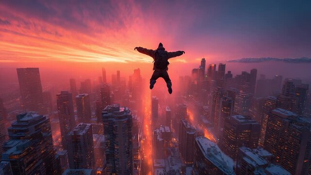 Man leaps from skyscraper rooftop at dusk, capturing a moment of freedom, ambition, and urban exploration against a vibrant sunset cityscape.
