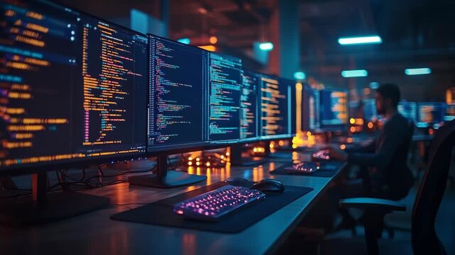 Multiple computer monitors displaying colorful lines of code in dark modern office, software development, programming, cybersecurity, and innovation in contemporary digital technology environment.