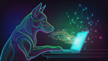 Dog using laptop in a tech background