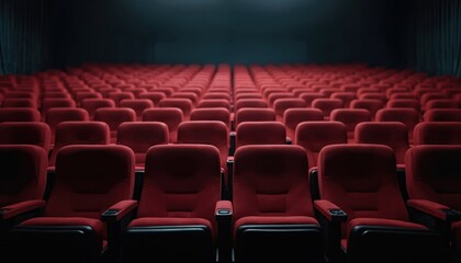 Fototapeta premium Rows of empty red cinema seats in dark theater. Rows recede into distance. Comfortable plush chairs wait for audience. Black curtains backdrop. Interior design.