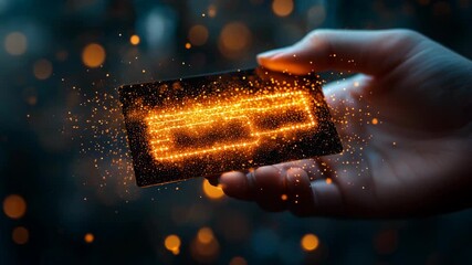 Hand holding glowing holographic credit card made of digital light particles, modern finance, online payment, electronic banking, virtual transaction futuristic financial technology innovation concept - Powered by Adobe