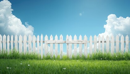 White picket fence borders green grass, soft white flowers under bright blue sky with fluffy white clouds. Idyllic scene offers sense of peace, natural beauty, evoking feelings of home, simplicity.