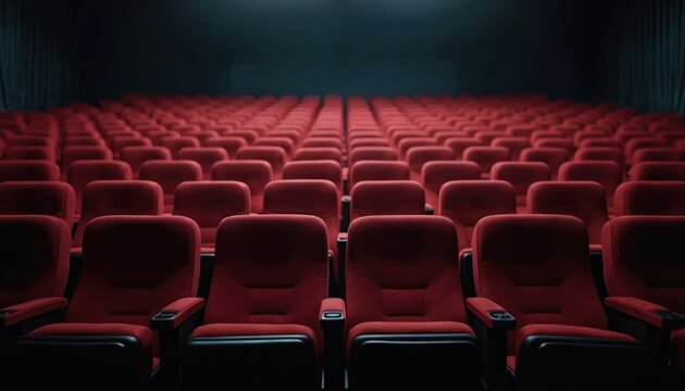 Rows of empty red cinema seats in dark theater. Rows recede into distance. Comfortable plush chairs wait for audience. Black curtains backdrop. Interior design.