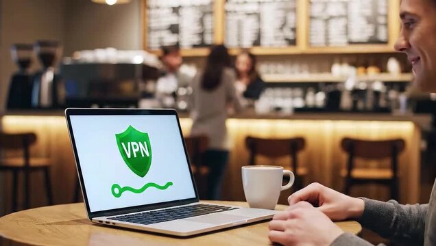 Young Man Using VPN on Laptop in Coffee Shop for Secure Public WiFi and Data Privacy
