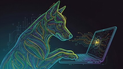Dog using laptop in a tech background