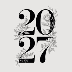 2027 serif typography with floral line art &ndash; Ideal for elegant New Year cards, wedding stationery, or luxury branding.