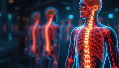Digital human anatomy xray shows spine and vascular system. Glowing red skeletal structure and organs in blue outline body. Medical science and healthcare concept.