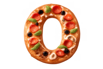 Delicious pizza crust letter o or number 0 for a fun food alphabet, decorated with pepperoni, olives, and basil