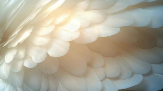 Close-up of delicate white feathers softly illuminated by sunlight, purity, peace, softness, angelic beauty, spirituality, tenderness and ethereal lightness in minimal natural abstract background