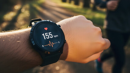 Close-up of smartwatch displaying heart rate during outdoor exercise